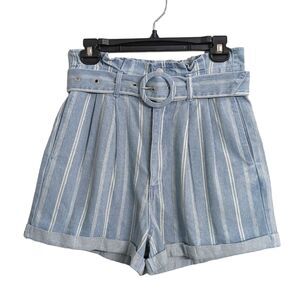 NWT Le Lis Blue Striped High Rise Pleated Jean Mom Shorts Ruffle Waist Belted M